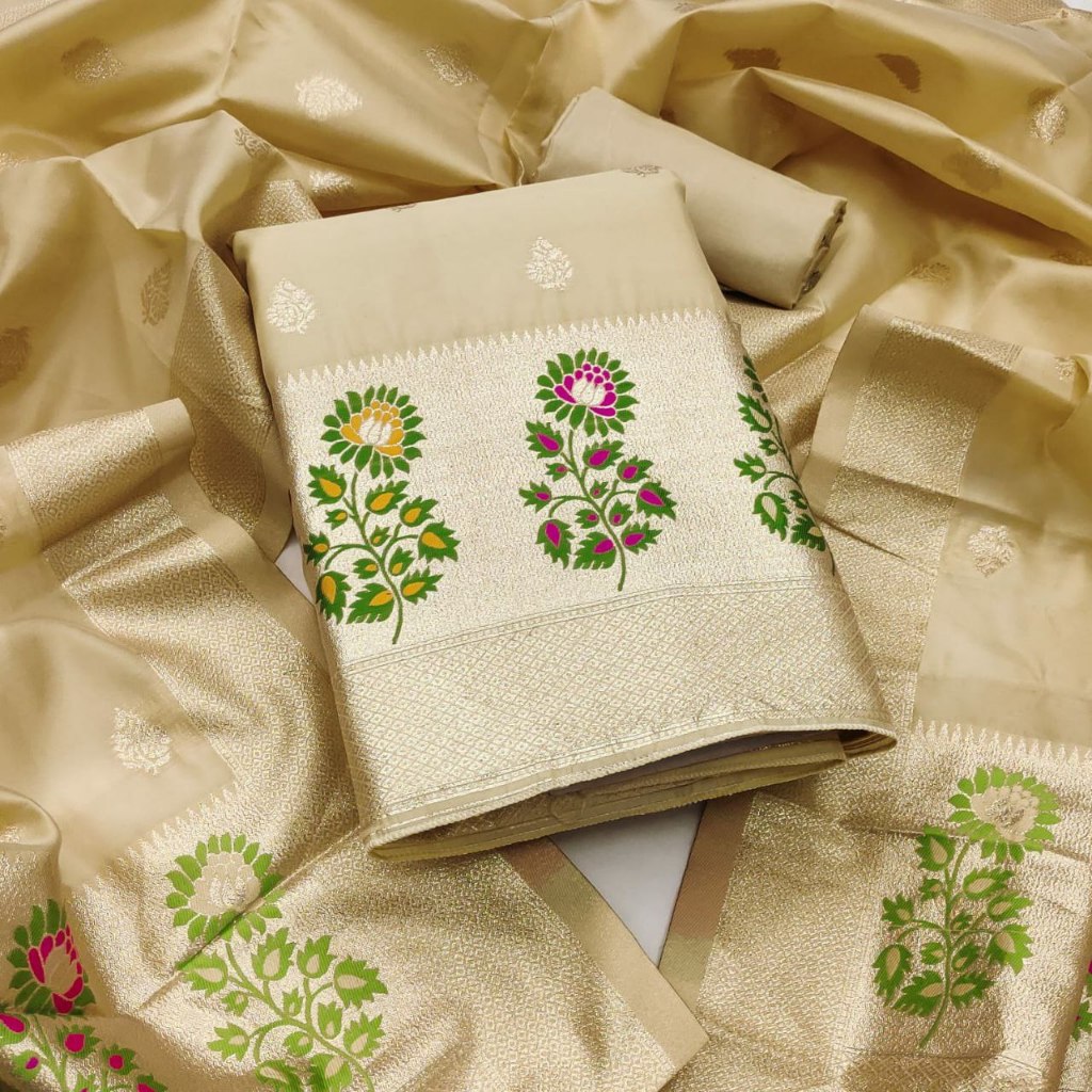 Unstitched Punjabi Suit Material Lichi Silk With Flower Print On Border Kain Jahit Punjabi Suit