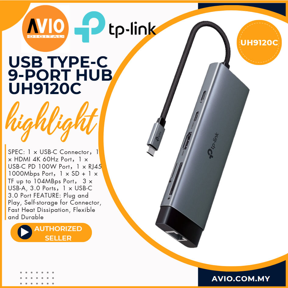 TP-LINK Tplink USB Type C 9 พอร์ต Hub Gigabit RJ45 USB A 100W ชาร์จ USB C Micro SD UH9120C