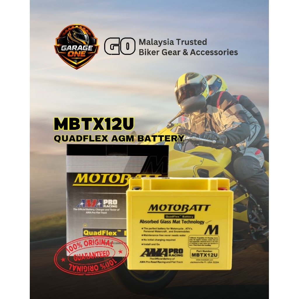 Motobatt MBTX12U QuadFlex แบตเตอรี่รถจักรยานยนต์ 12V 14Ah 210CCA AGM การบํารุงรักษาฟรีเปลี่ยน YTX12-