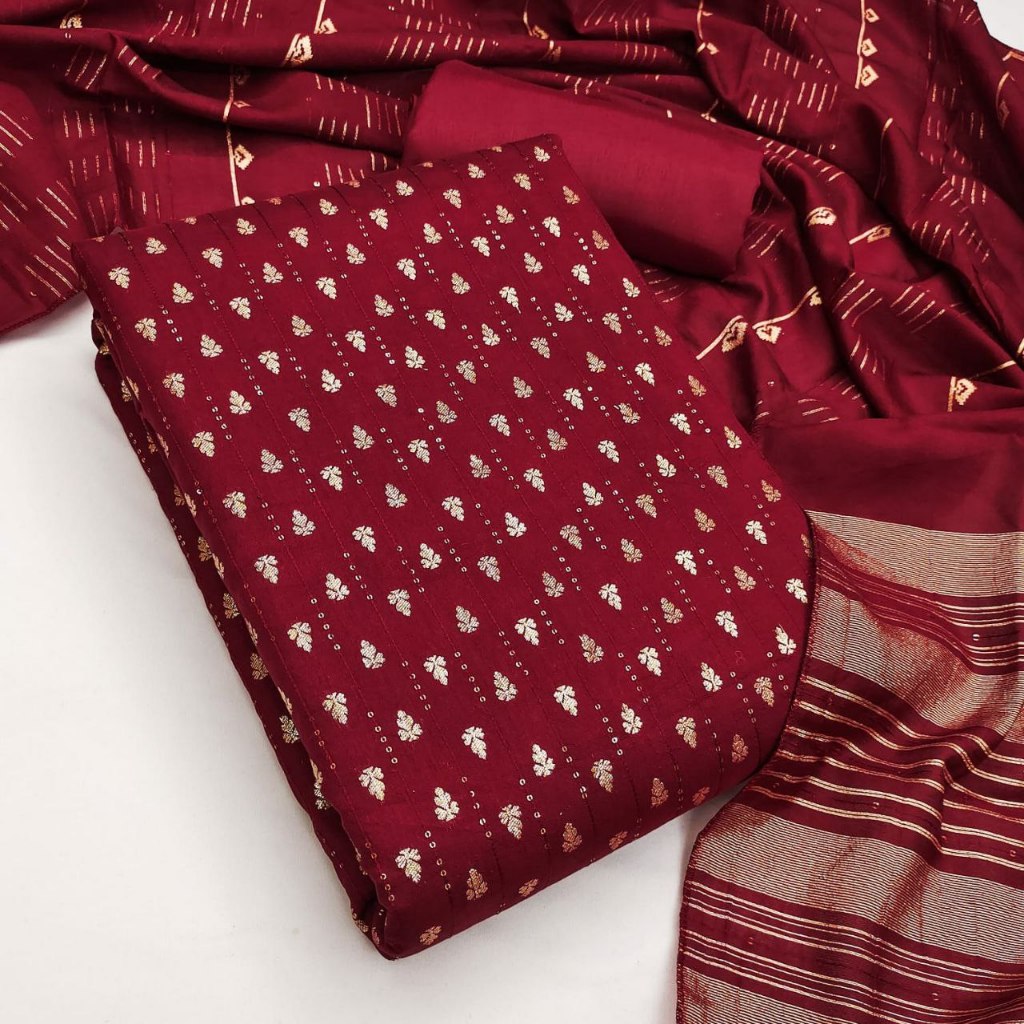 Unstitched Punjabi Suit Material Chanderi Print With Sequence Work Kain Jahit Punjabi Suit Salwar Ka