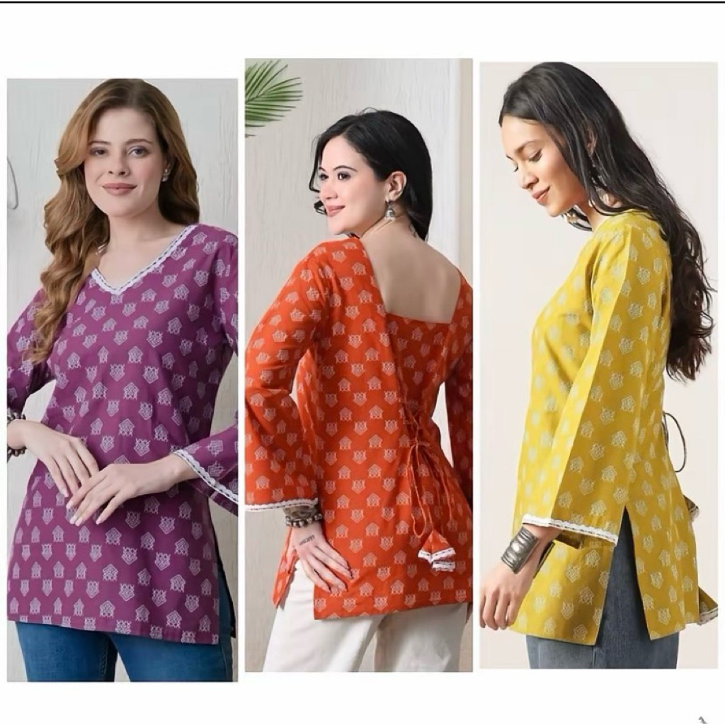 SSFH Cotton Printing Bell Sleeves Dori Tie-Up Back Short Tops
