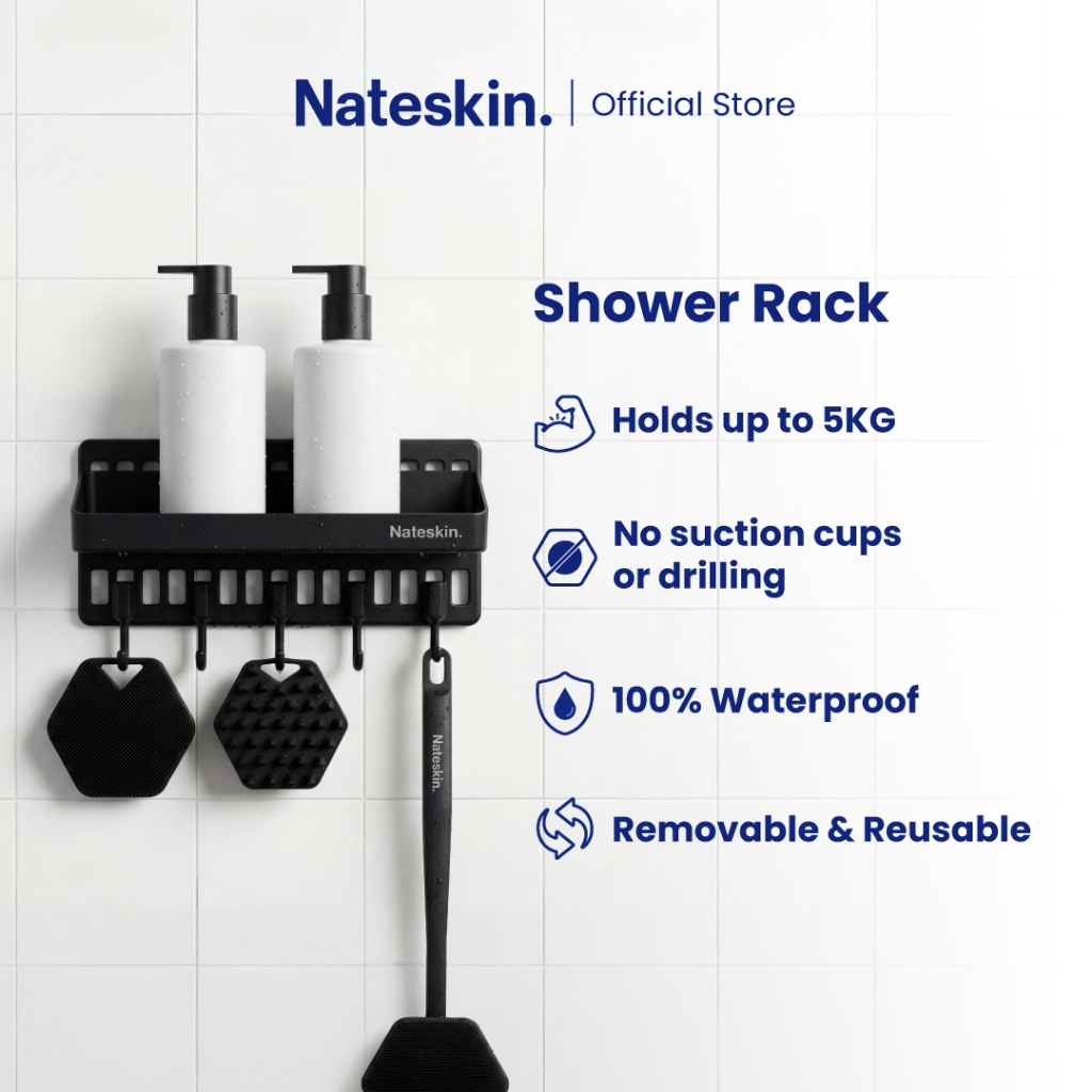 Nateskin Shower Rack: ชั้นวางของในห้องน้ําไม่มีกาวเจาะติดผนังที่เก็บกันน้ํา Organiser พร้อมตะขอ