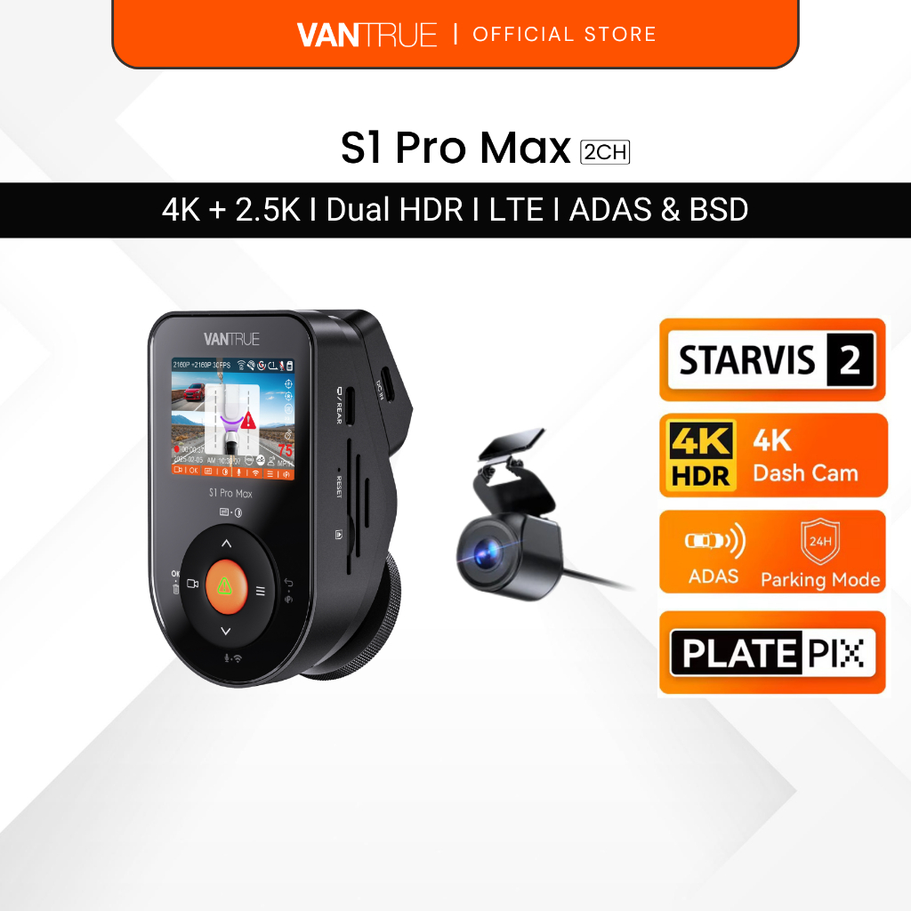 Vantrue S1 Pro Max Dash Cam - 4K+2.5K I PlatePixTM I Sony STARVIS 2 I โหมดที่จอดรถ