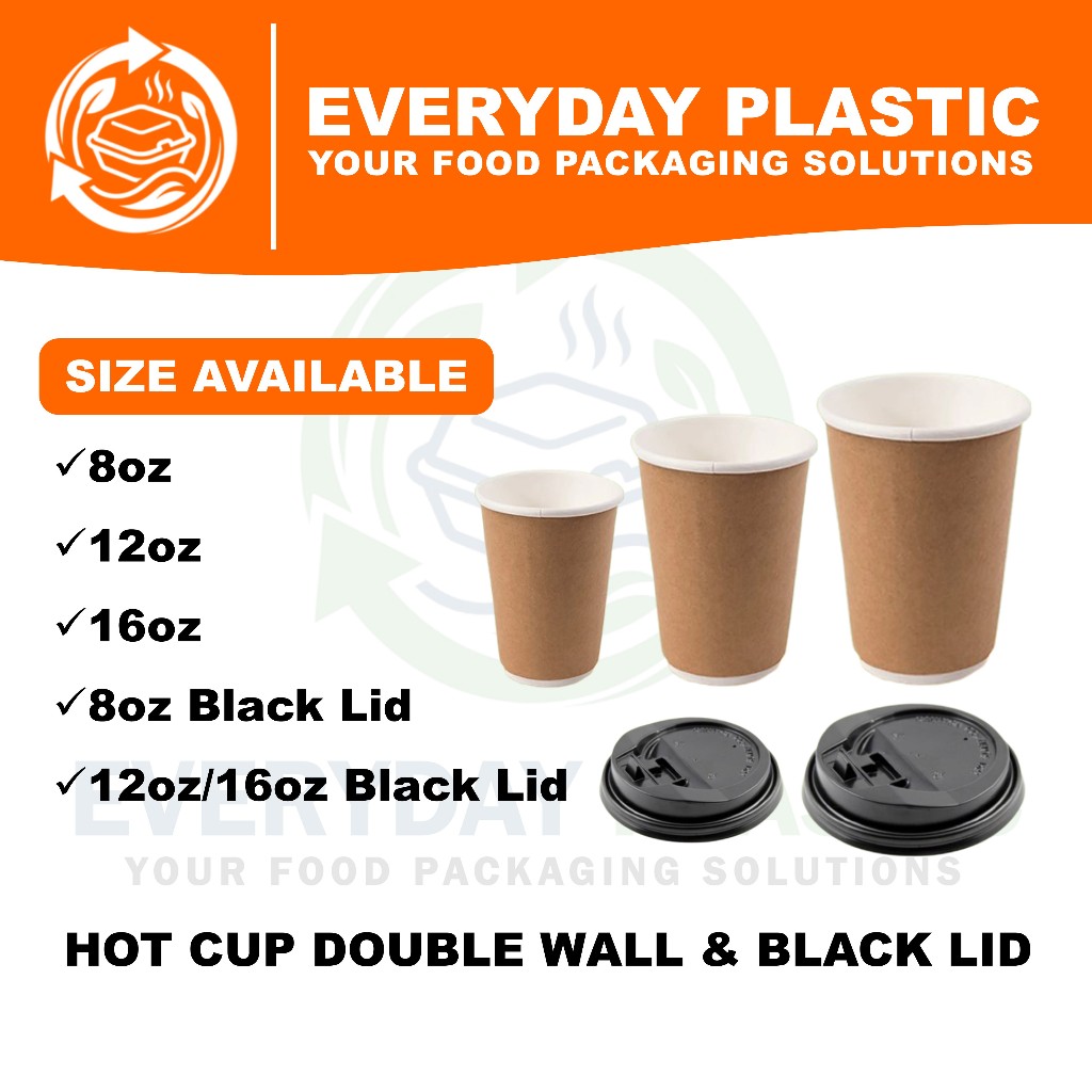 PREMIUM PAPER DOUBLE WALL HOT CUP สีน้ําตาล HOT CUP สีดํา LID 8OZ, 12OZ, 16OZ PAPER HOT CUP
