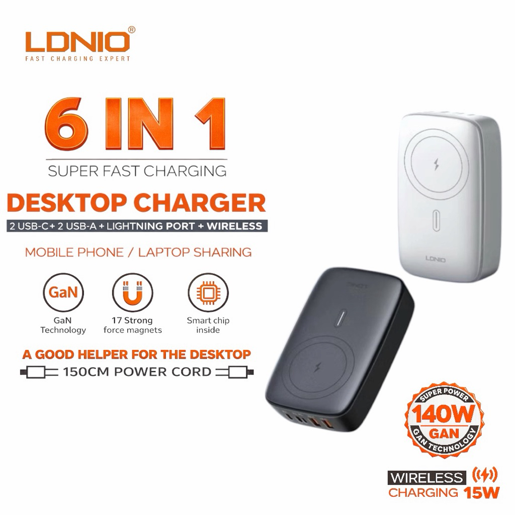 LDNIO 6 In 1 GaN Multiport Magnetic Wireless Desktop Charge (140W) Q4010