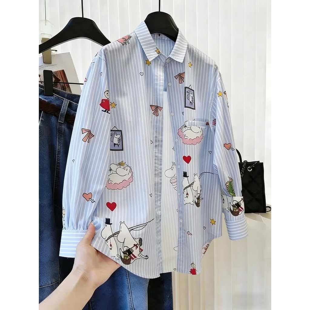 การ์ตูนพิมพ์สไตล์เกาหลีลดอายุหลวมและขี้เกียจลําลองลายเสื้อแขนยาวสําหรับผู้หญิงฤดูใบไม้ผลิออกนอกบ้าน ดวงอาทิตย์