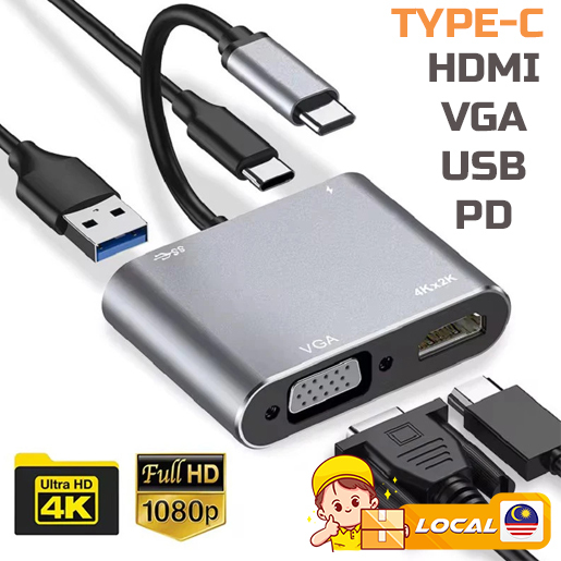 Type-C ถึง HDMI/VGA/USB3.0/PD 4 ใน 1 อะแดปเตอร์ HD4K 1080P PC โทรศัพท์แล็ปท็อป Android