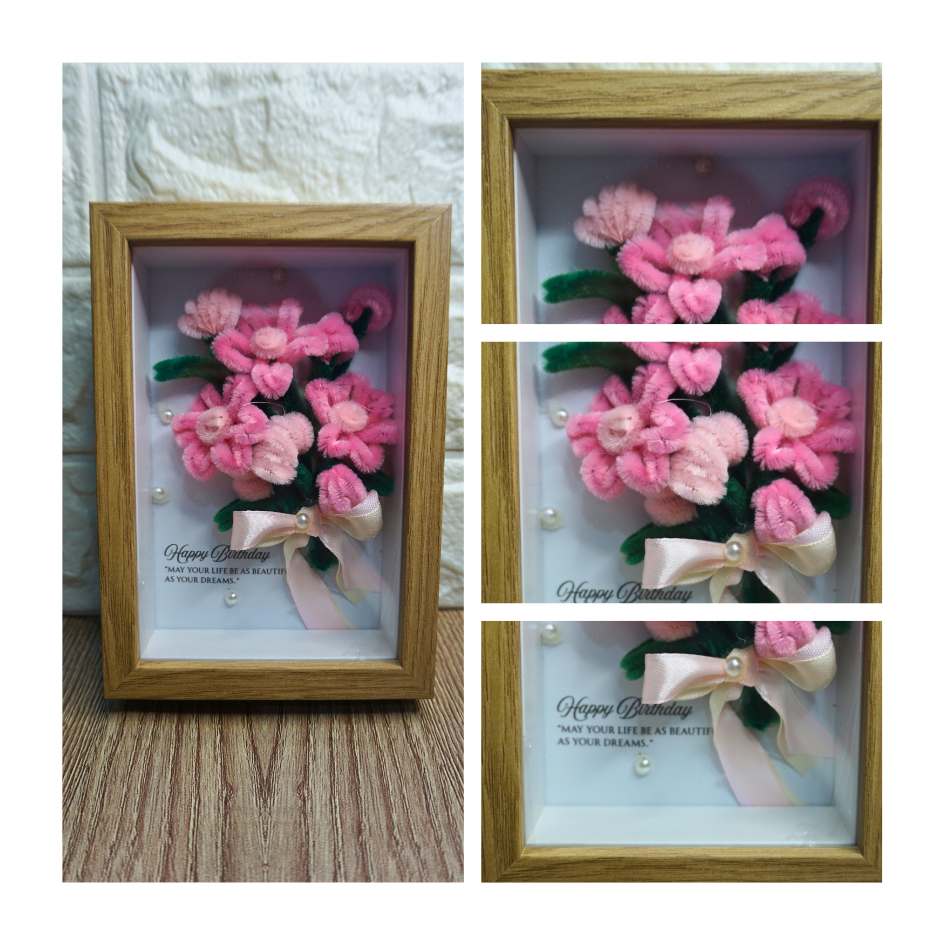 กล่องดอกไม้ 3D ️ARTIFICIAL FUZZY WIRE CHENILLE FLOWER CUSTOM สําหรับวันเกิดและชาCHERS DAY/ FRAME BUN