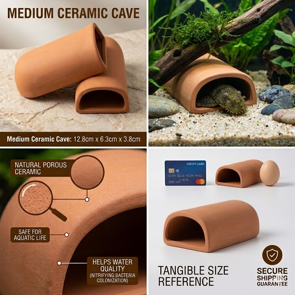 เซรามิค Fish Cave Breeding Hideout สําหรับ Pleco, กุ้ง & สี - เครื่องประดับตู้ปลา (12.8 x 6.3 x 3.8ซ