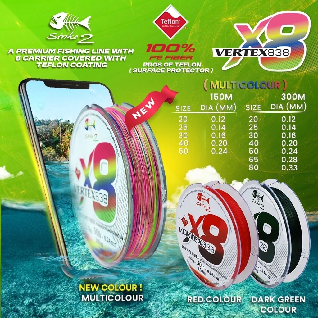 STRIKE2 สายตกปลา VERTEX 838 X8 ถัก 150M สีแดงสีเขียวหลากสี 100% PE LINE Tali Pancing T&L