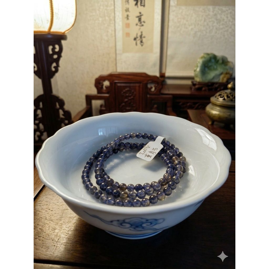 Iolite Nature Crystal สร้อยข้อมือคริสตัล Iolite ธรรมชาติ สามวงกลม