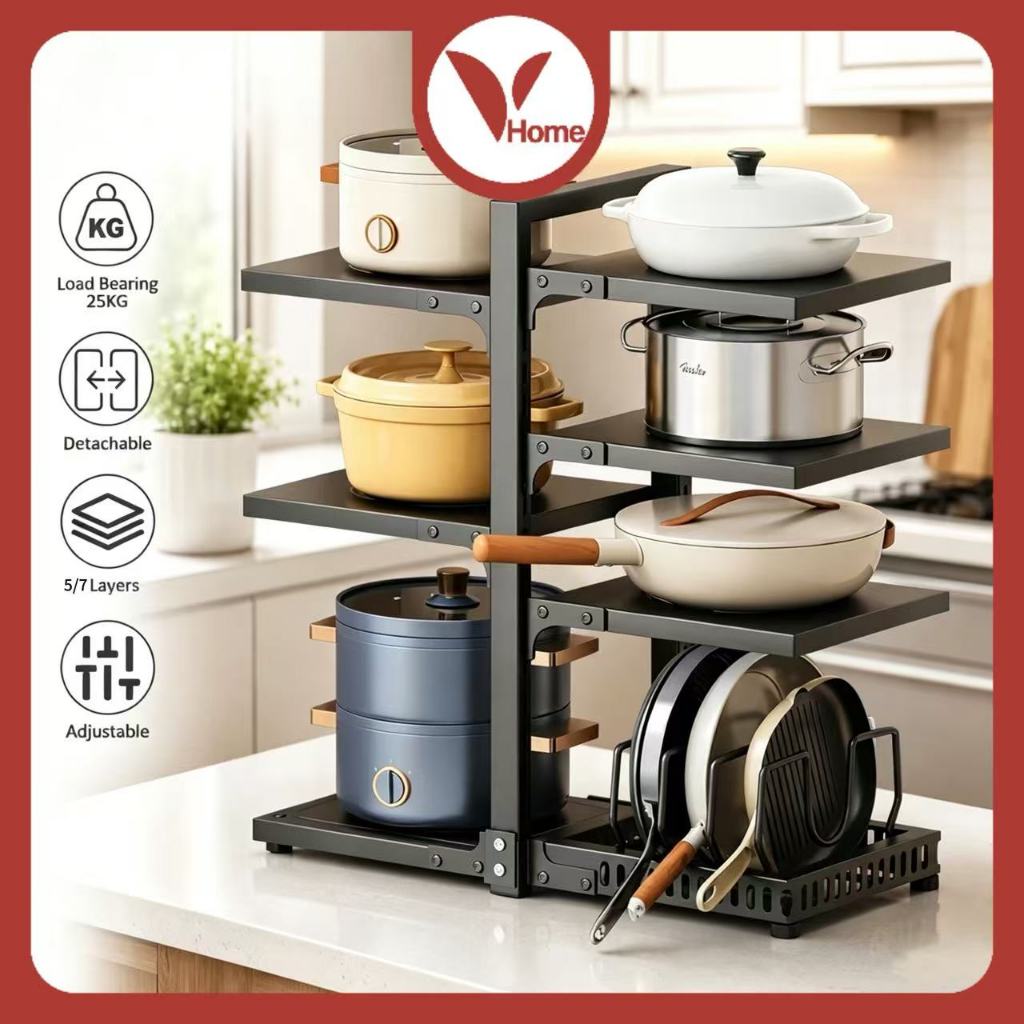 Vhome 5/7 ชั้นปรับหม้อและกระทะ Rack Organizer Rak Bawah Sinki สแตนเลสกระทะครัวและหม้อเก็บ Shel