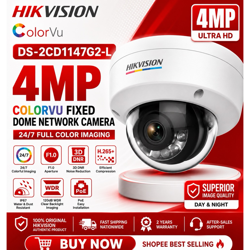 HIKVISION 4MP DS-2CD1147G2-L COLORVU FIXED DOME NETWORK CAMERA