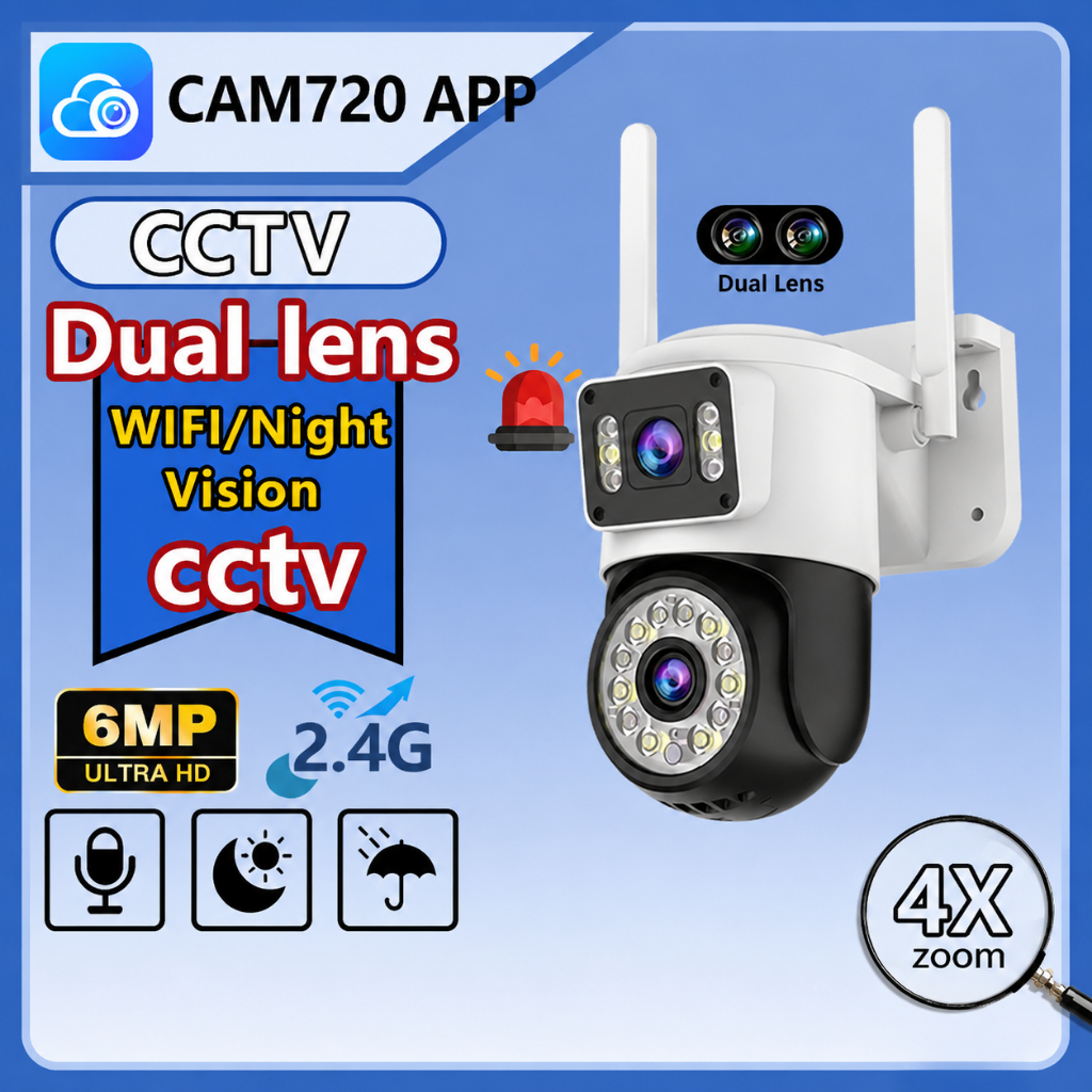 กล้องวงจรปิดเลนส์คู่ 6MP Ultra HD CAM720 APP WiFi 2.4G Night Vision PTZ 355 90 4X ซูม AI Detection ก