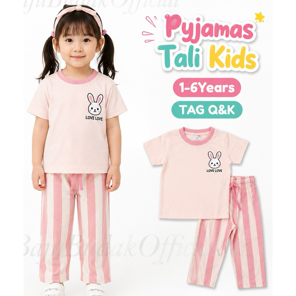 1Y-6Y ️Q&K ️STRIPE BUNNY ️ COTTON PAJAMAS GIRL SHORT SLEEVE ADJUSTABLE LONG PANT
