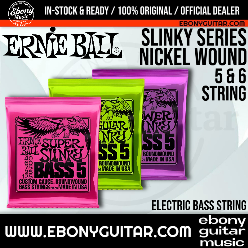 Ernie Ball 5-String Bass Strings - Regular Slinky 2836 (.045-.130) / Super Slinky 2824 (.040-.125) ช