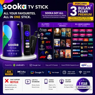 SOOKA 4K TV Stick - Percuma with 3-Month Premium Plan (HDMI Streaming, Dolby Atmos, Google Play)