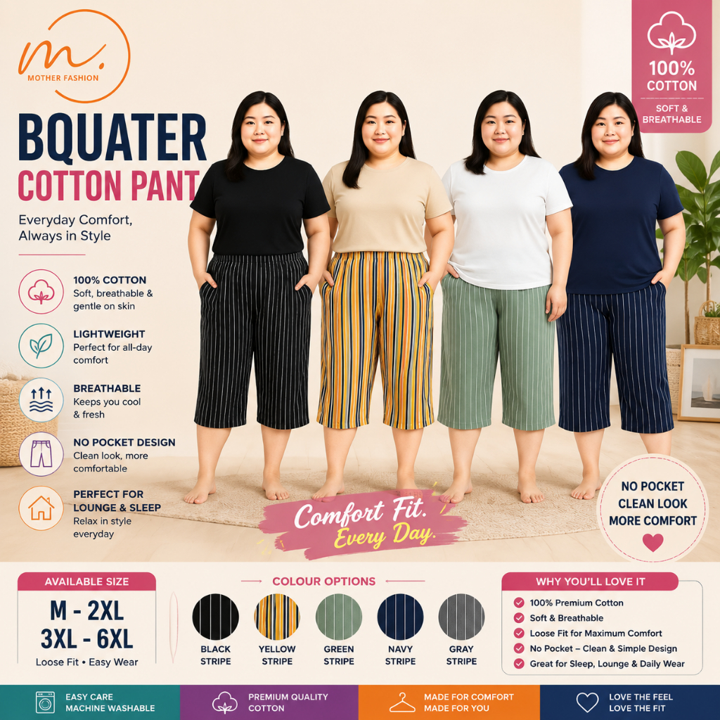 3QUATER SLEEPING PANT STRIP/PRINTED/PELAIN 100% COTTON (SIZE M-6XL)