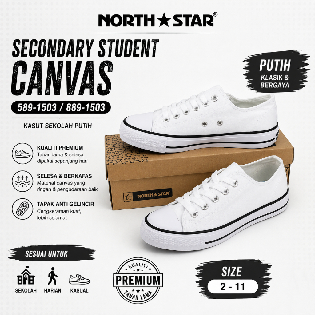 North Star White (ANTIBACTERIA) รองเท้านักเรียนแบบผูกเชือก Unisex Kasut Sekolah North Star