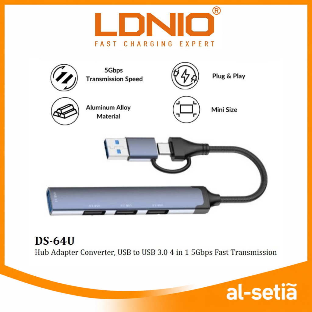 LDNIO DS-64U/DS-64C USB HUB ADAPTER CONVERTER TYPE C 4 IN 1 5GBPS 480MBPS SPEED FAST TRANMISSION