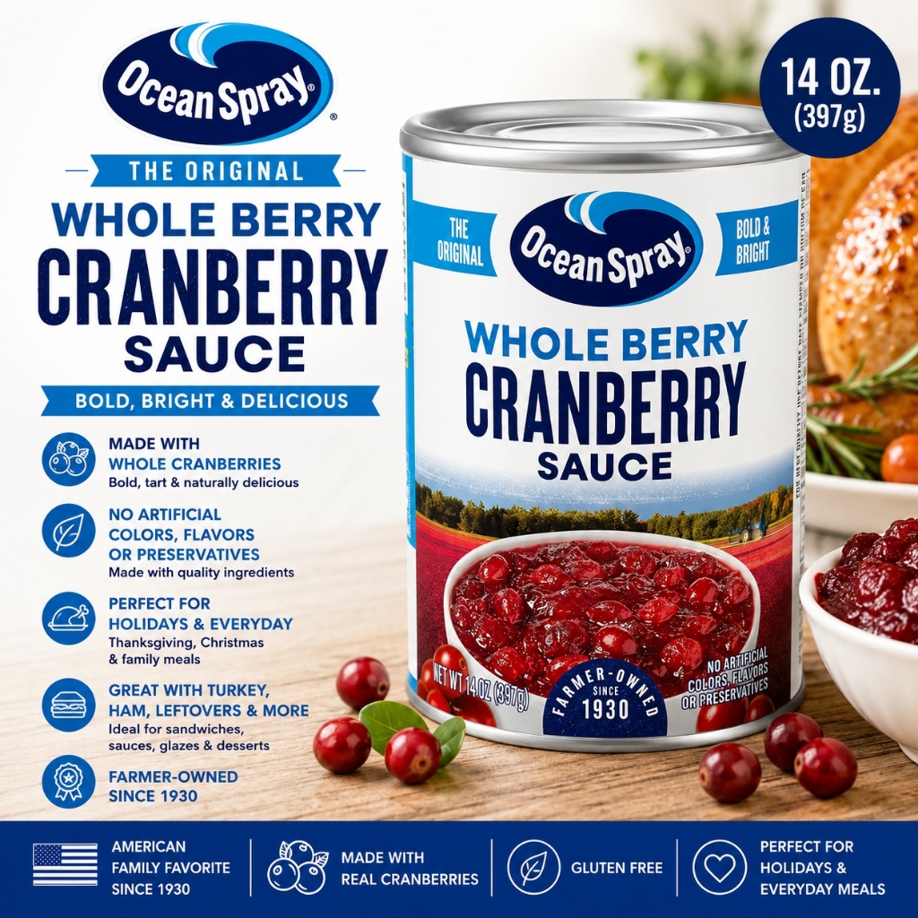 OCEAN SPRAY ซอสแครนเบอร์รี่ทั้งเบอร์รี่ 397g 14oz ซอสแครนเบอร์รี่สําหรับตุรกี Ham Sandwiches Glazes 