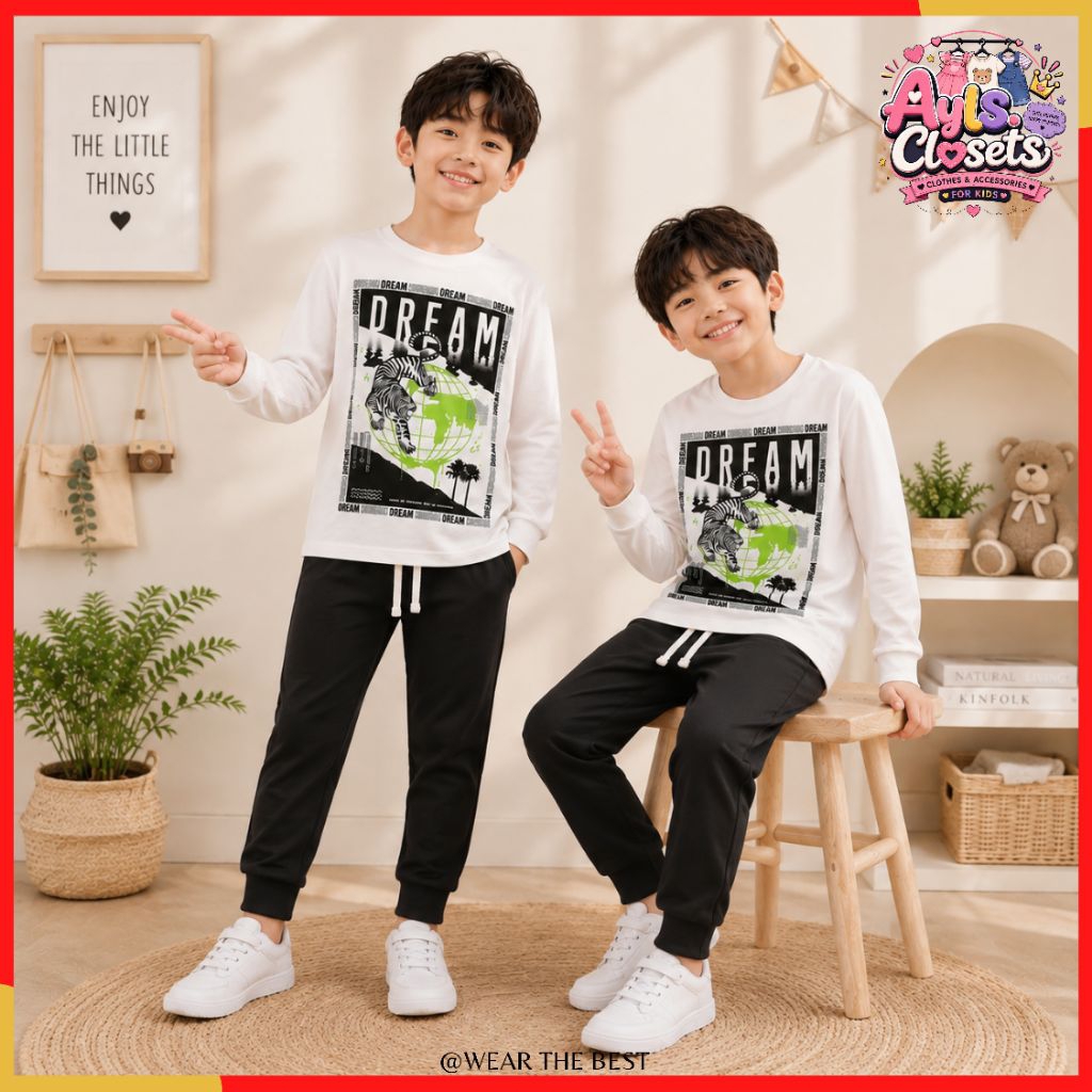 {7-14y}ชุดแขนยาว Baju Budak Lelaki Jalan Budak hm Cotton Boy BigKids สีขาว สีดํา