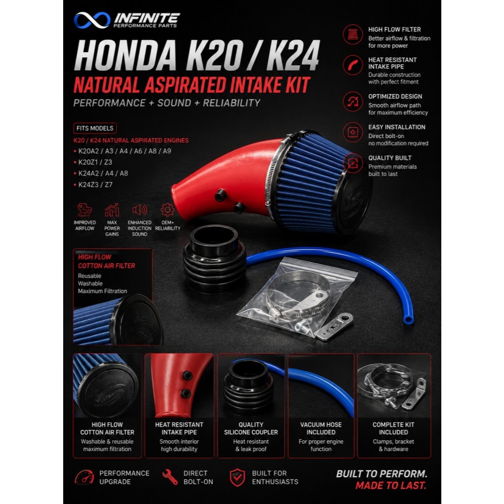 Honda K20 K24 Natural Aspiration Performance Intake Kit | K20A K20Z K24A K24Z | High Flow Open Pod ไ