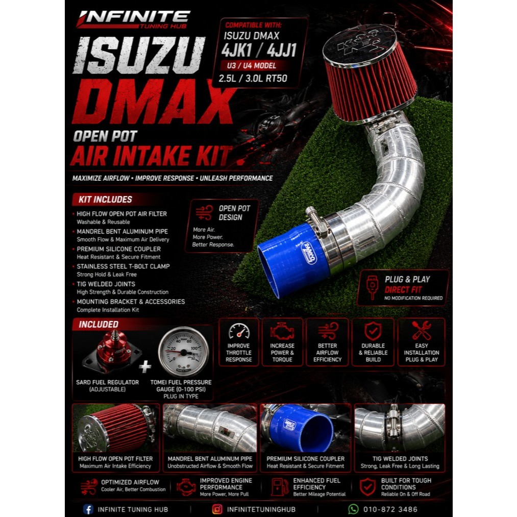 Isuzu D-Max RT50 U3 U4 4JK1 4JJ1 2.5L 3.0L ชุดไอดีเปิด Pod | ฟิลเตอร์ไหลสูง | ท่อไอดีอลูมิเนียม