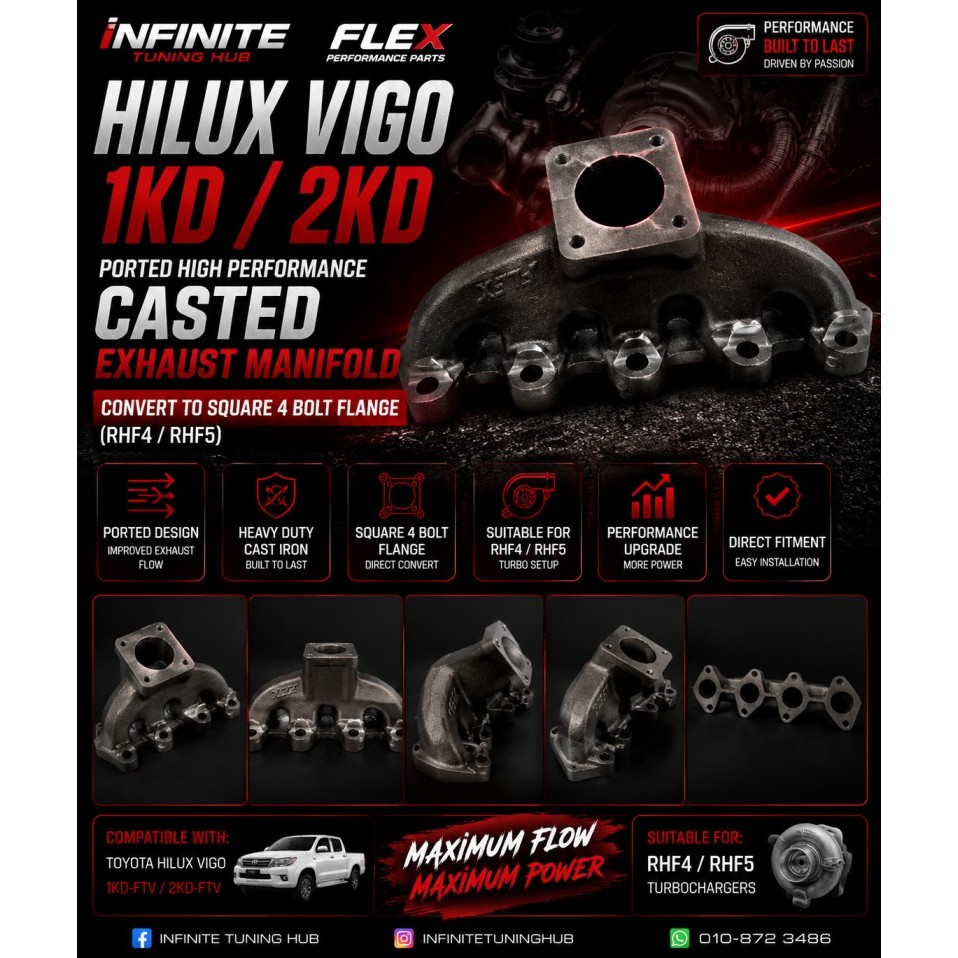 FLEX Hilux Vigo 1KD 2KD Ported Cast ท่อไอเสีย Manifold Square 4 Bolt RHF4 RHF5 Turbo Performance