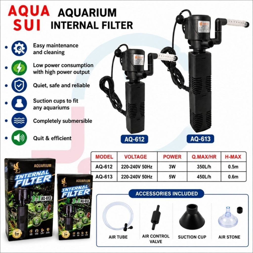 AQUA SUI AQ-612 AQ-613 3-in-1 Aquarium ภายในกรอง Submersible ปั๊มน้ํากรองออกซิเจน 350/450L/H