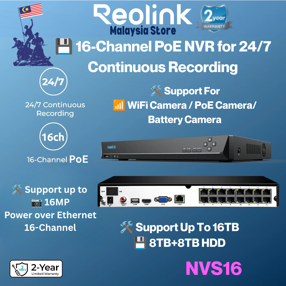 Reolink NVS16/RLN16-410 4K 16-Channel 5MP/8MP/16MP PoE WiFi Security NVR 24/7 บันทึกที่เชื่อถือได้ E