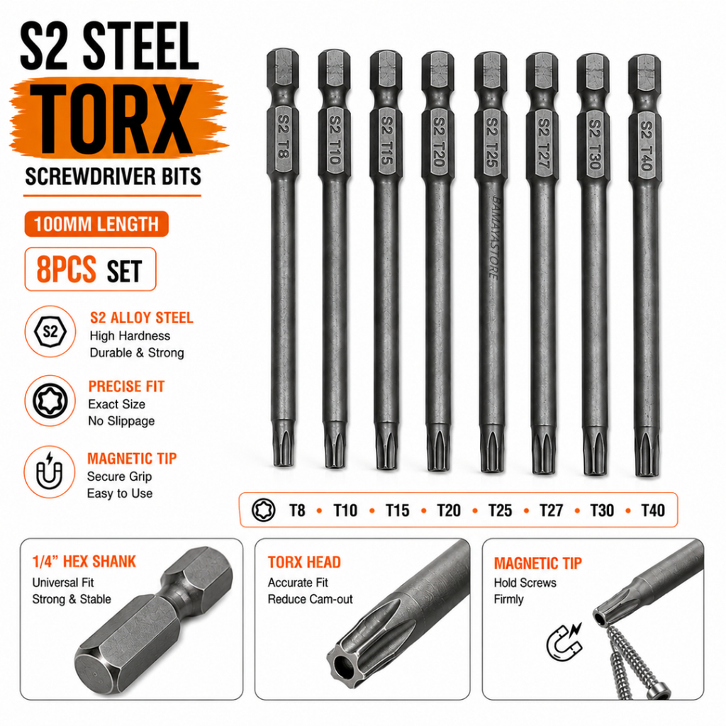 8pcs Torx ไขควงชุด Bit 100 มม.S2 Security Torx ยาวบิตแม่เหล็ก T8 T10 T15 T20 T25 T27 T30 T40 8PCS