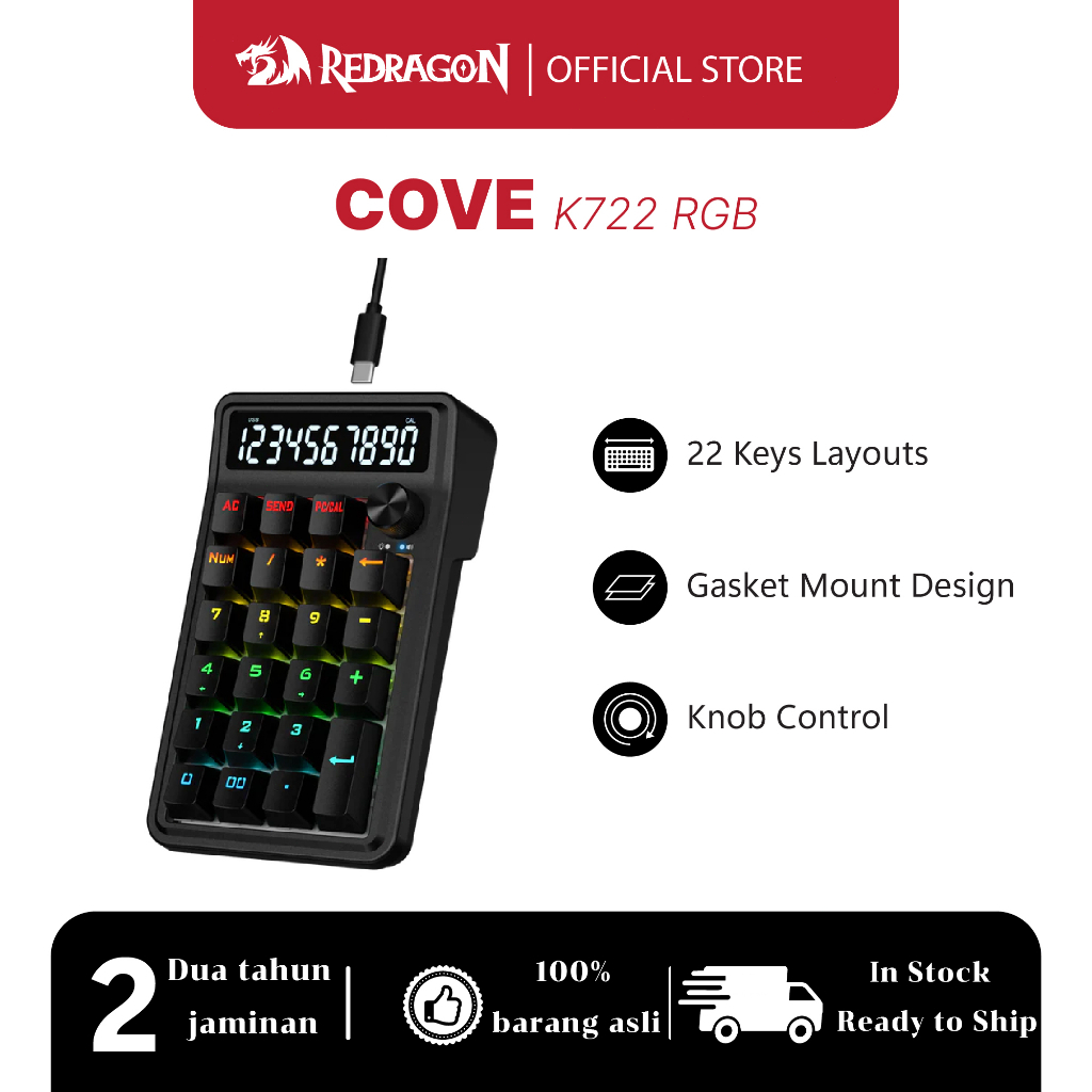 Redragon K733 แบบมีสาย 22 คีย์ปะเก็นเครื่องกล RGB จํานวน Pad 10 หลักเครื่องคิดเลขจอแสดงผลพร้อมการควบคุมลูกบิด