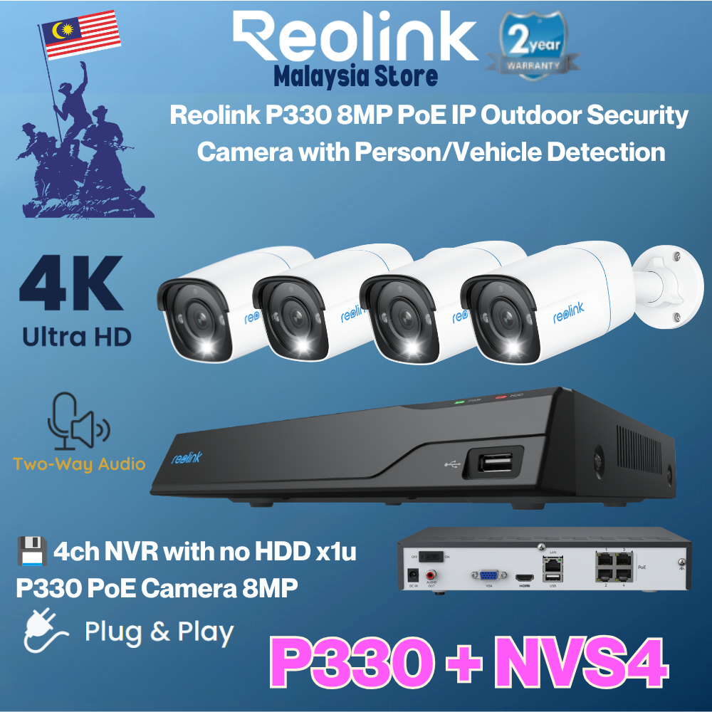 Reolink NVS4 NVR + P330-2.8 มม. 8MP PoE กล้อง Bullet การตรวจจับอัจฉริยะ ชุดรักษาความปลอดภัยกล้องวงจร