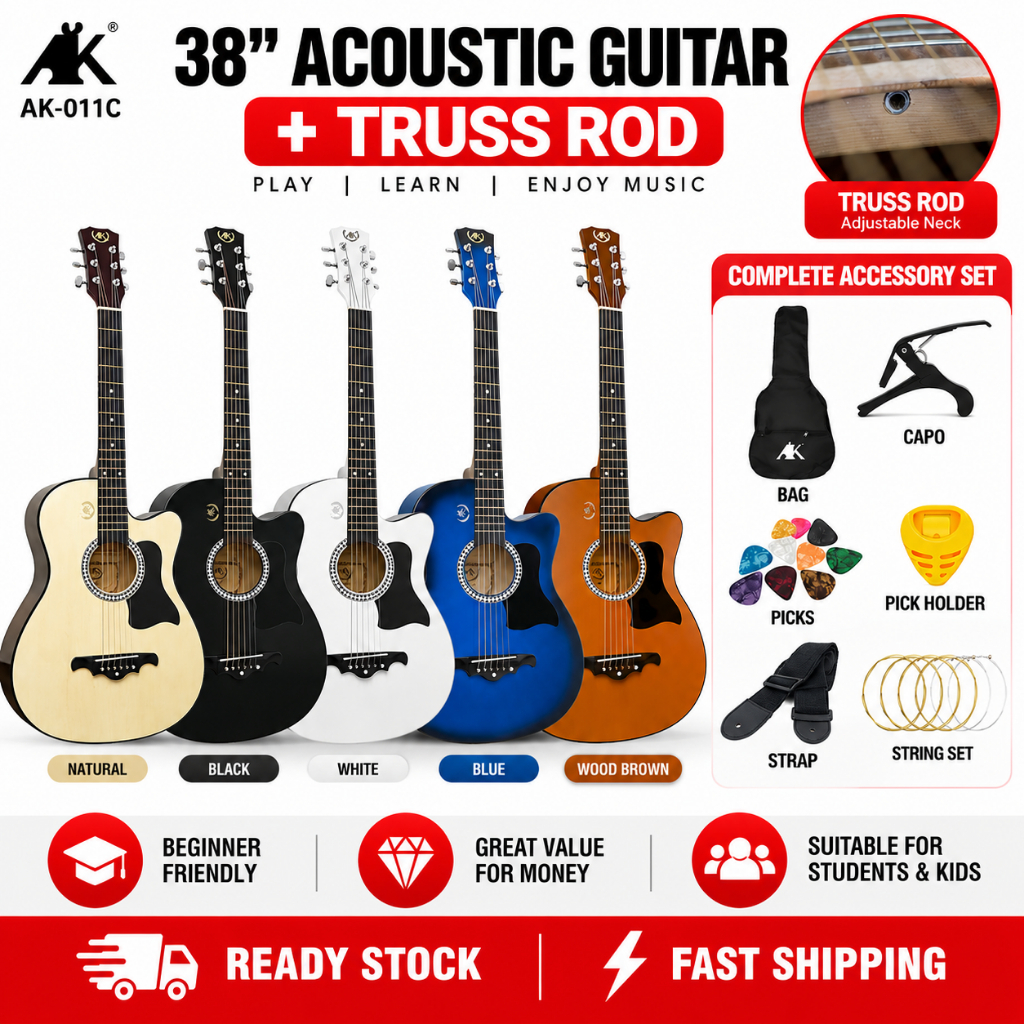 AK Guitar - กีต้าร์โปร่ง 38 นิ้ว AK-011C BAG & TRUSS ROD + ชุดอุปกรณ์เสริม Gitar Akustik Gitar