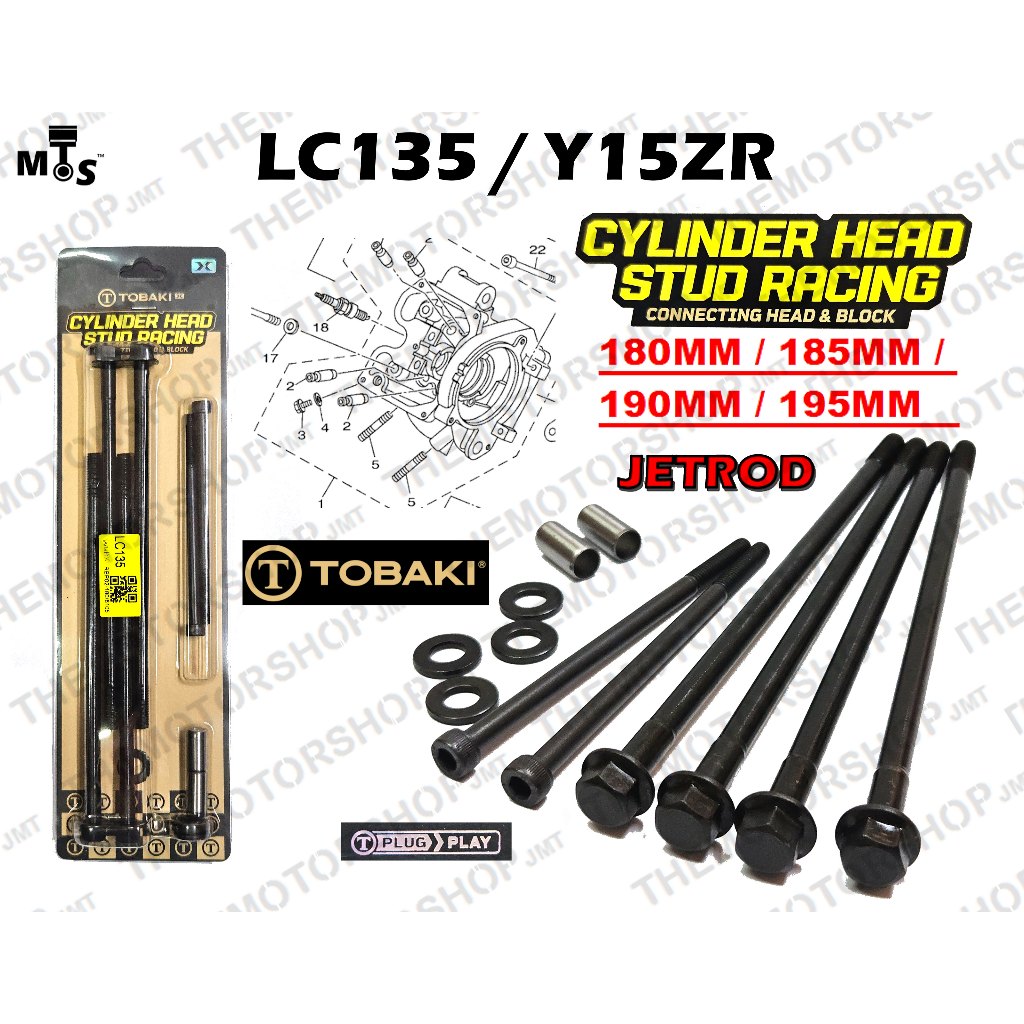 (+5MM/10MM) TOBAKI CYLINDER HEAD STUD RACING LC135 FZ150 Y15ZR JACKROD HEAD ENGINE BOLT STUD PANJANG