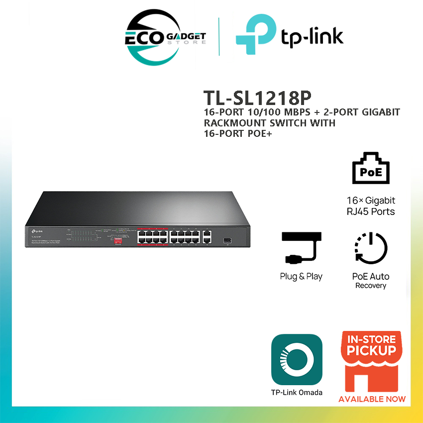 TP-Link TL-SL1218P 16-Port 10/100 Mbps + สวิตช์แร็คเมาท์ Gigabit 2 พอร์ตพร้อม PoE 16-Port+