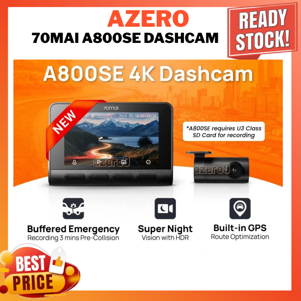 70mai A800SE Dashcam | ความละเอียด 4K | 2 ช่อง | ในตัว GPS Night Vision | ADAS ADAS ADAS | ประเภทการ