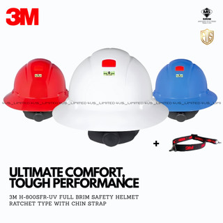 3M H-800SFR-UV Full Brim Safety Helmet Ratchet Type - สีขาว แดง น้ําเงิน พร้อมสายรัดคางฟรี | DOSH SIRIM ได้รับการอนุมัติ