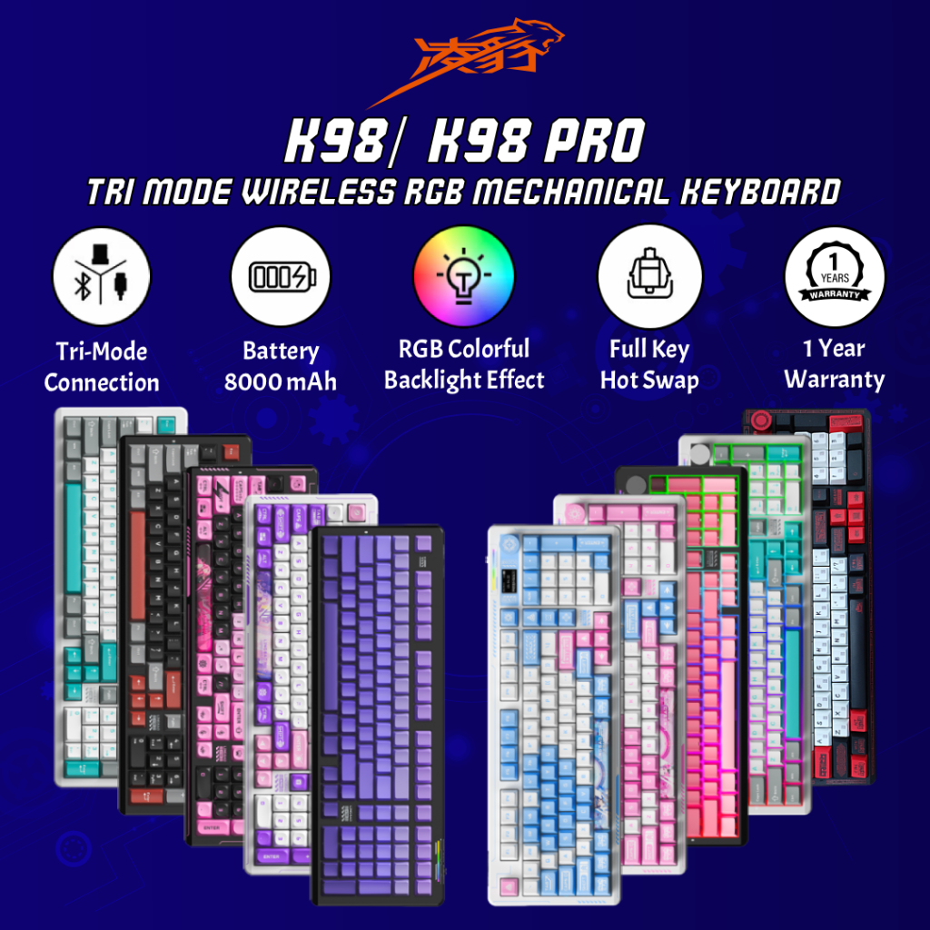 Lingbao K98/ K98 Pro Tri-Mode 101 Key Wired Bluetooth Mechanical Gaming Keyboard (5000mAh/10000mAh)