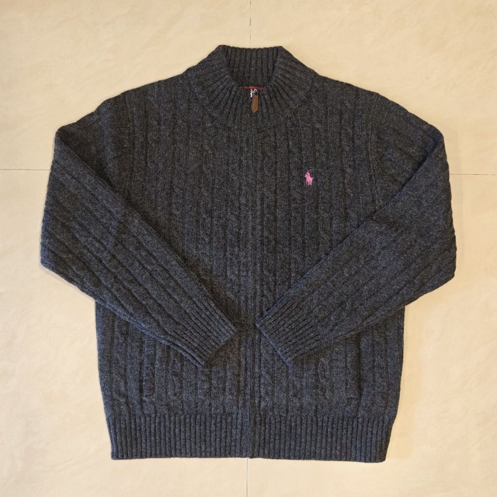 RL Men Dark Grey Cable Knit 100% Wool Quarter Zip Sweater