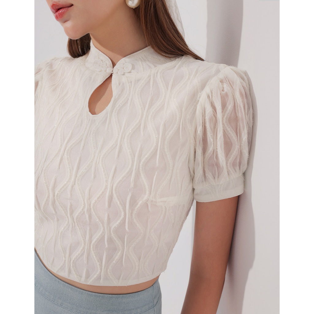 Qipao Top Textured Jacquard พัฟแขน Keyhole Crop Cheongsam Qipao Top