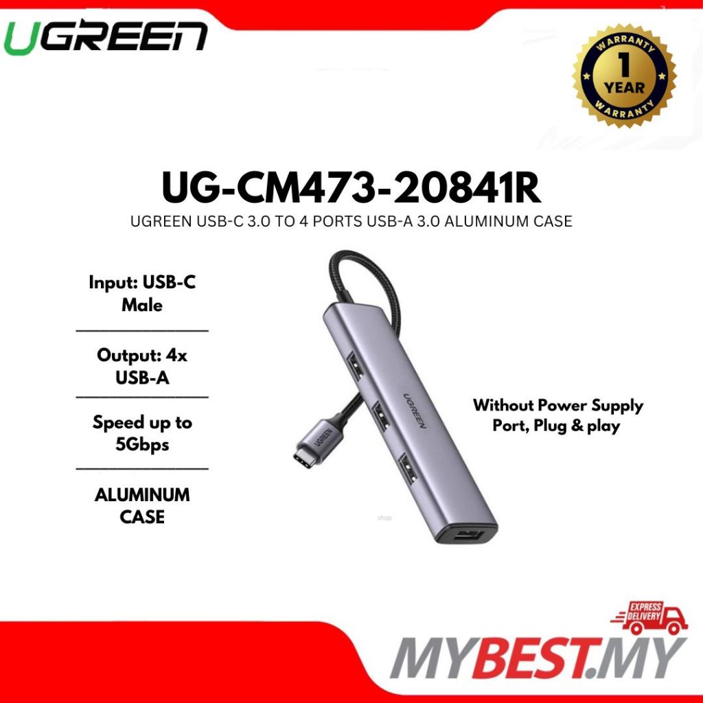 UGREEN เคสอลูมิเนียม USB-C 3.0 ถึง 4 PORTS USB-A 3.0 - UG-CM473-20841R