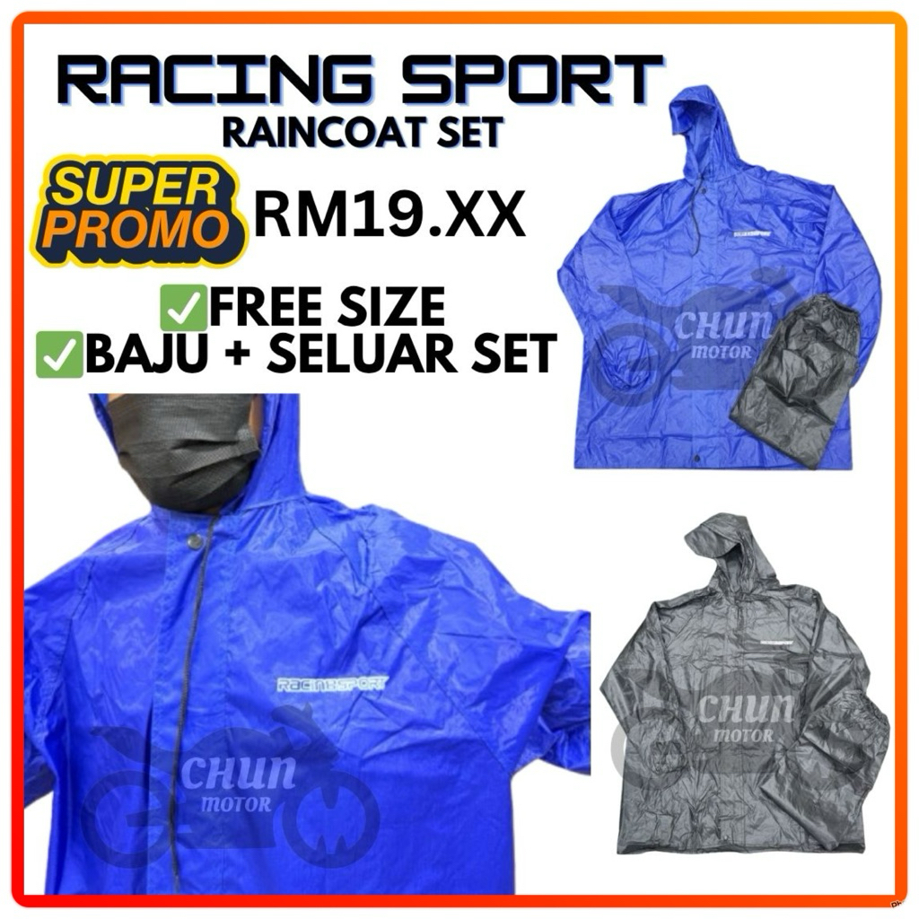 Racing Sport FS308 Baju Hujan รถจักรยานยนต์คุณภาพพรีเมี่ยม Baju Hujan ฟรีขนาด Rain Coat Baju 50 Inci