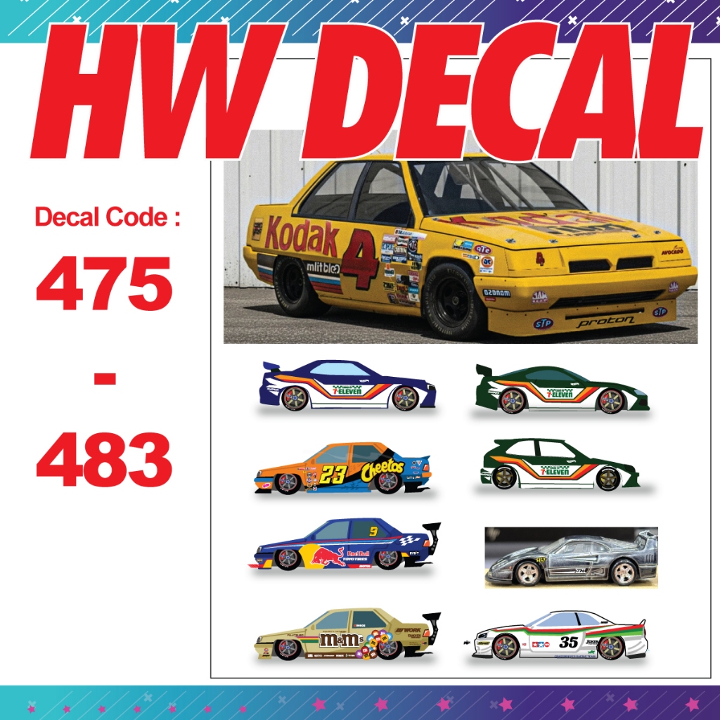 รูปลอก 475 - 483 : Hotwheels 1:64 7eleven supra sth f40 ferrari lbwk grasshopper er34 saga nascar ch