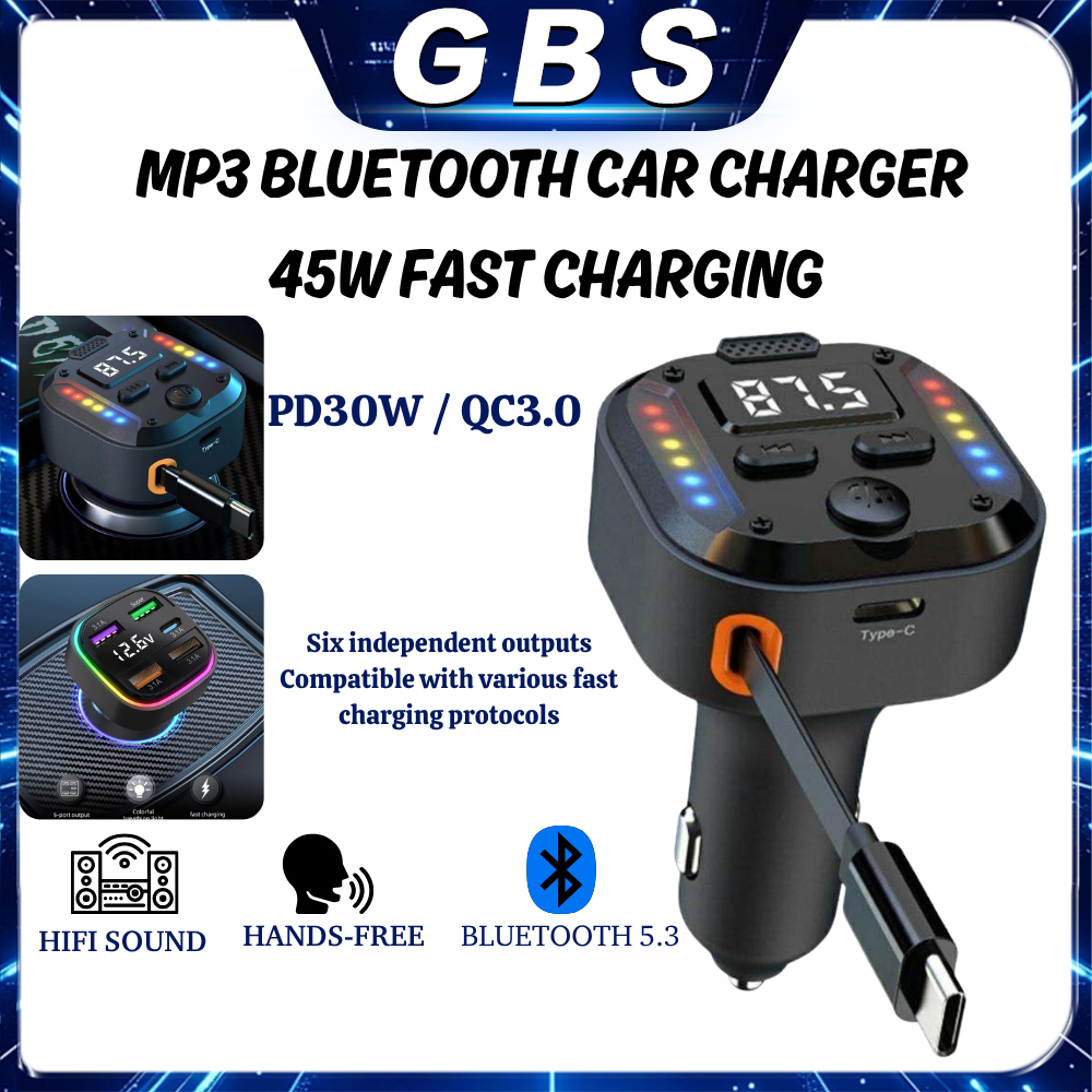 GBS TRUCK 45W Fast Car Charger QC3.0 พร้อมจอแสดงผลแรงดันไฟฟ้า LED Dual USB Type-C + Retractable สาย 