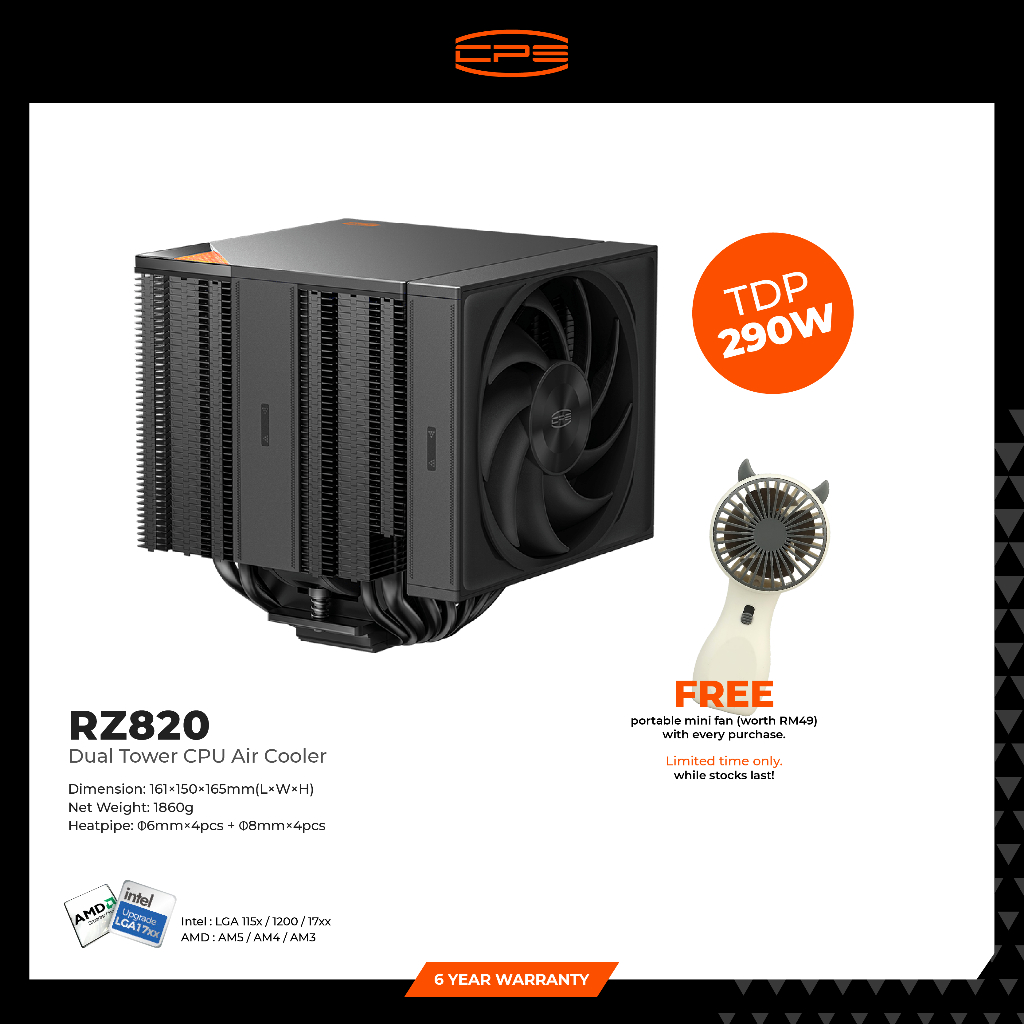 CPS RZ820 Dual Tower CPU Air Cooler (161x150x165mm) TDP 290W