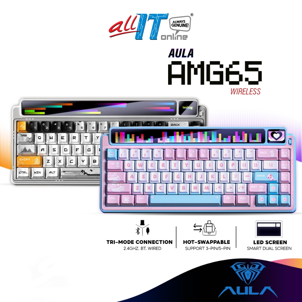AULA LEOBOG AMG65 คีย์บอร์ดเกมกลไร้สายพร้อมการเชื่อมต่อ Tri-Mode, หน้าจอ LED อัจฉริยะคู่, ไฟ RGB