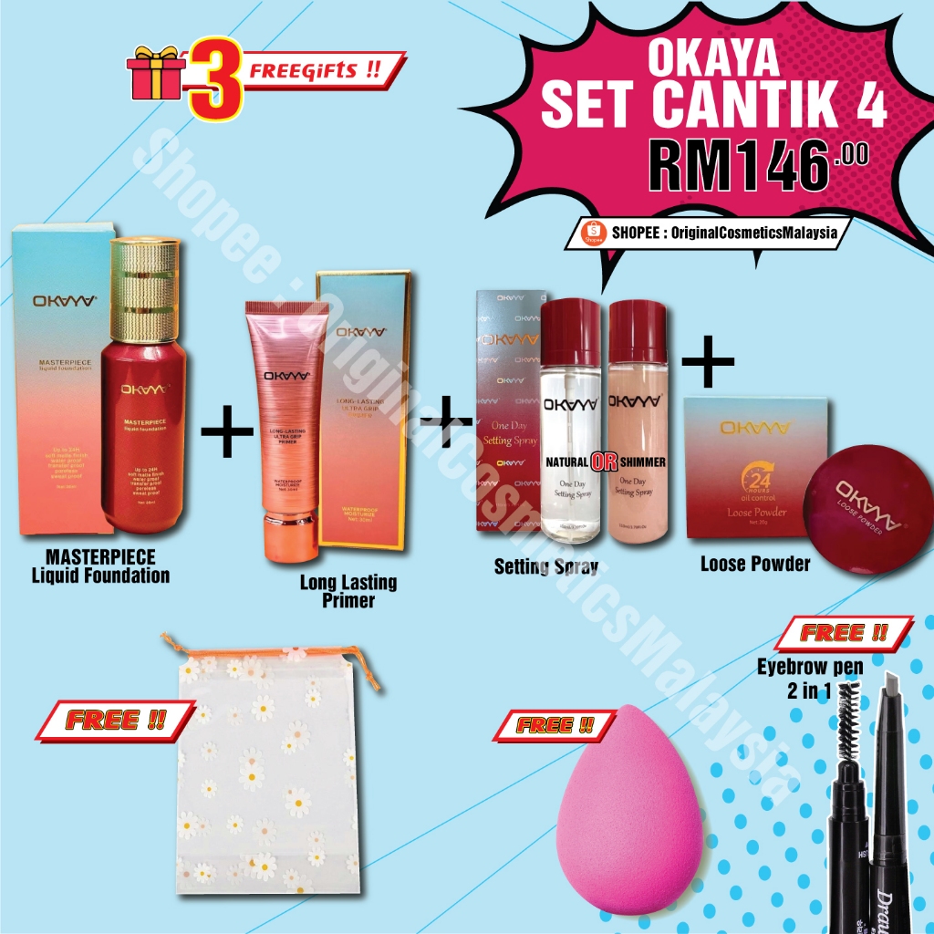 OKAYA SET MAKE UP JIMAT(DPT 7 BRG!! ️) OKAYA FOUNDATION MASTERPIECE Loose Powder SPRAY PRIMER Mua Be