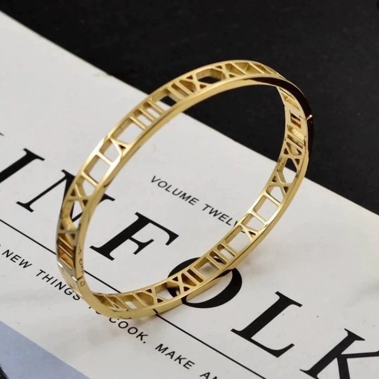 GOLD SILVER ROMAN NUMERAL BANGLE TITANIUM STEEL GELANG TANGAN ANTI KARAT JEWELERY